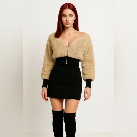 Velvet Fashion Flow Jacket Women's Spliced Wool Short Comfortable Long Sleeve - Picture 10 of 15